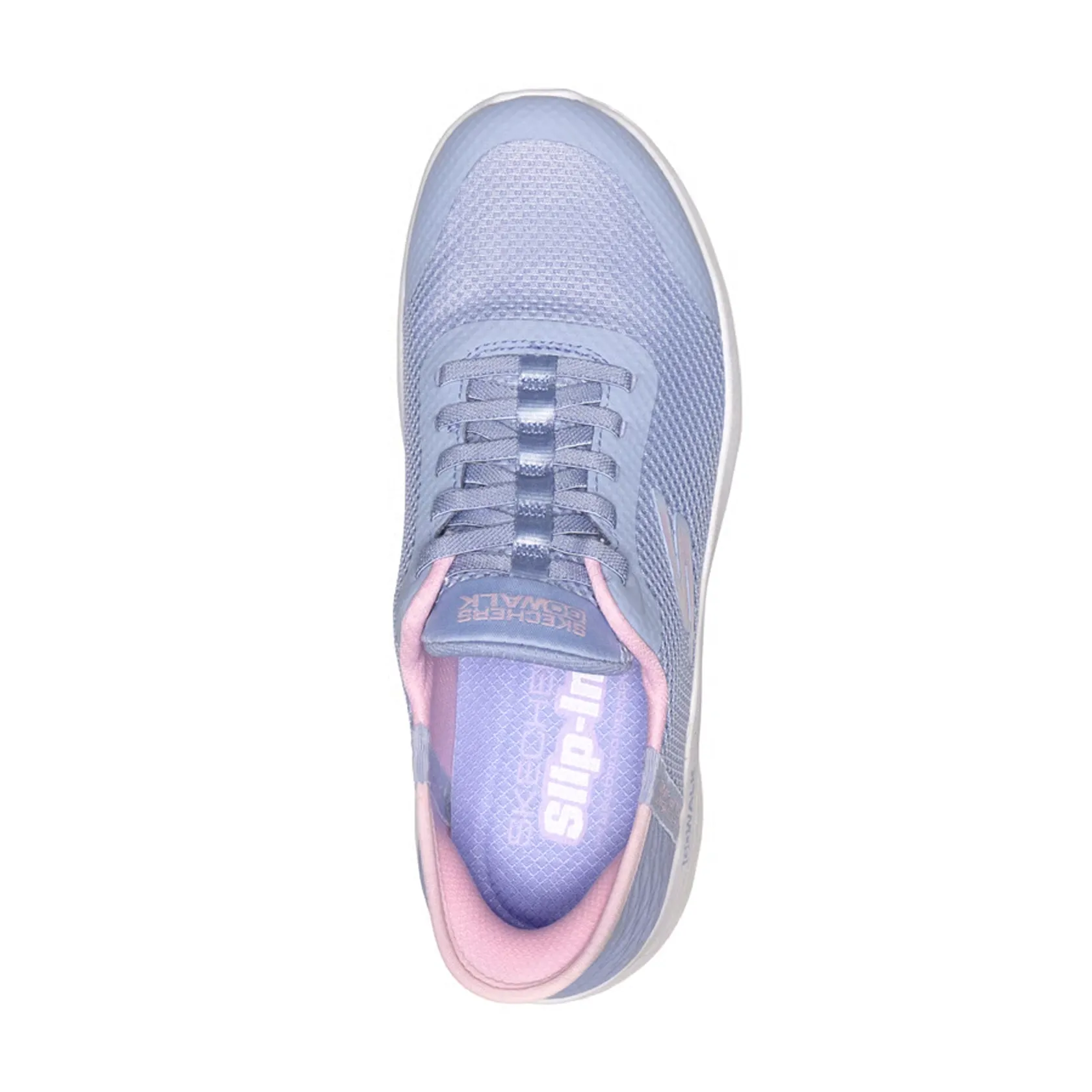 Tênis Skechers Go Walk Flex feminino lilás com detalhes em rosa, evidenciando conforto e estilo